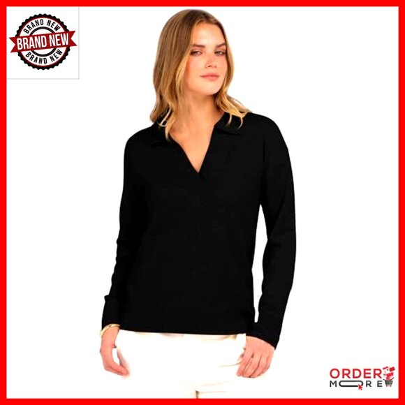 Long Sleeve V-Neck Polo Sweater Pullover Top Lightweight Business Casual - Picture 2 of 7